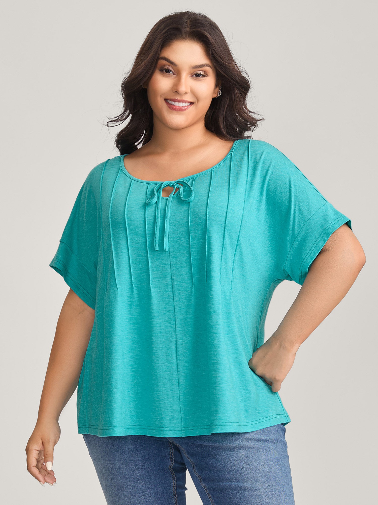 Pleated Neck-Tie Solid T-Shirt