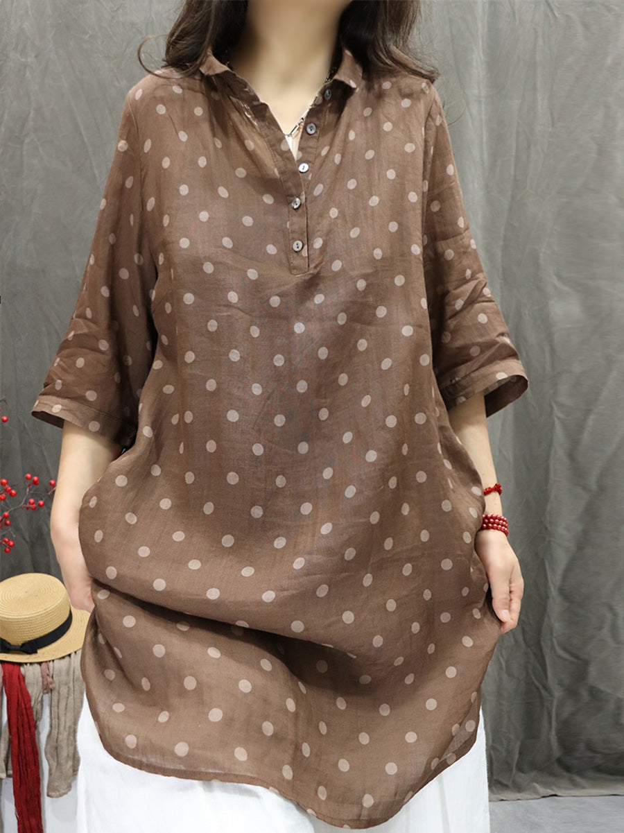 Women Summer Artsy Turn-down Collar Dot 100%Ramie Shirt