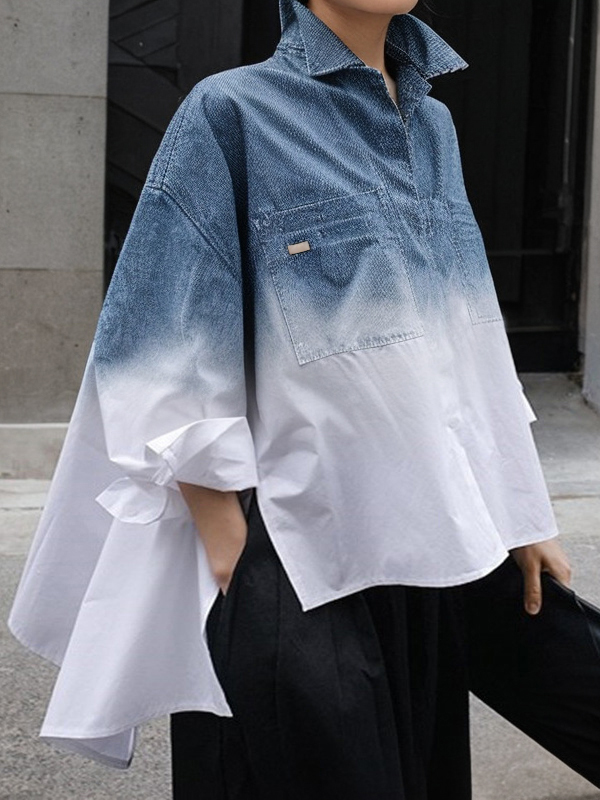 High-Low Loose Gradient Printed Split-Joint Split-Side Lapel Blouses&Shirts Tops