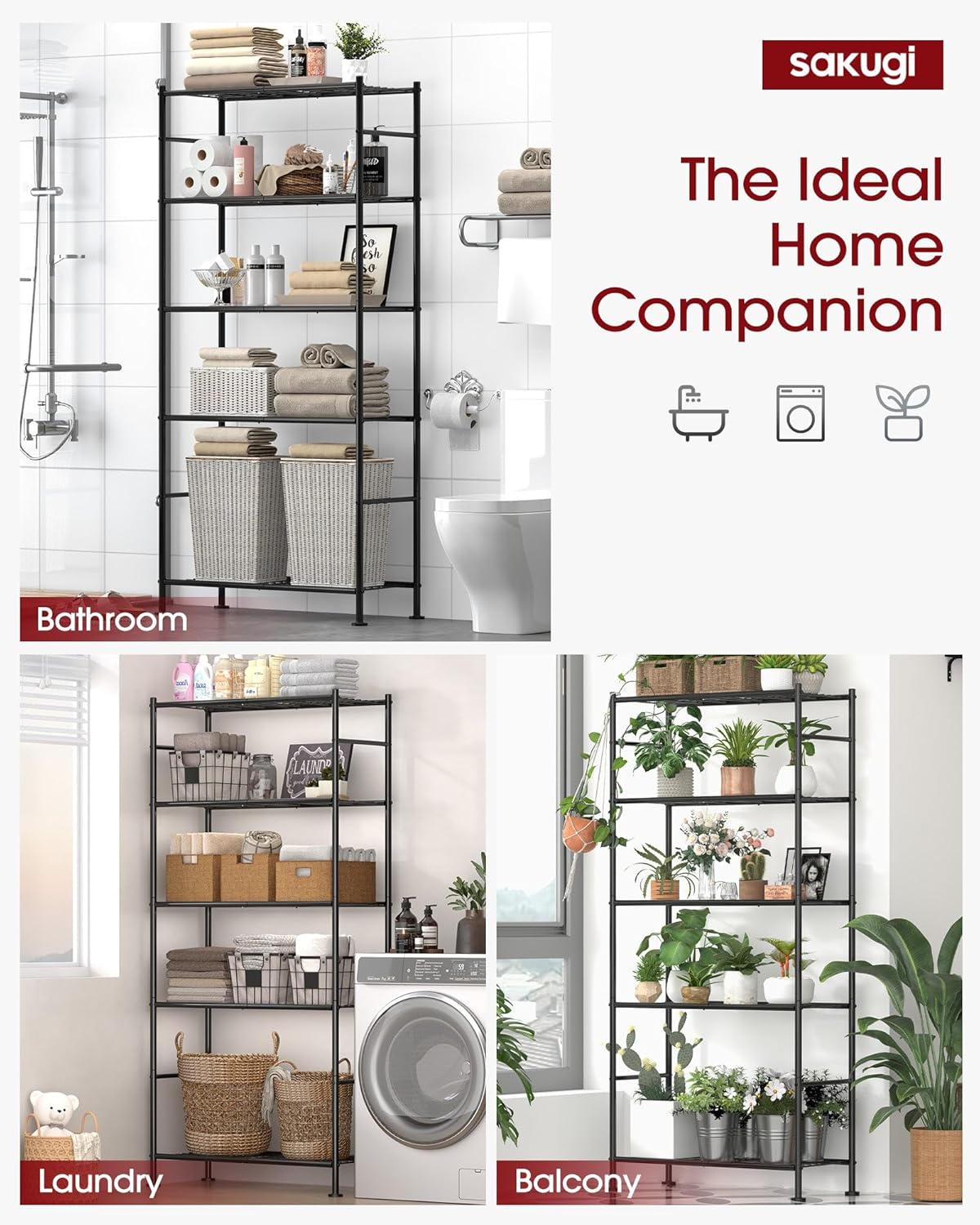 Storage Shelves - 5 Tier Shelf Organizer. Heavy Duty Garage Shelving Unit with Leveling Feet. Stable Metal Shelves Organizer for Pantry. Kitchen and Closet. 33.0 W x 12.6 D x 72.0 H. Black