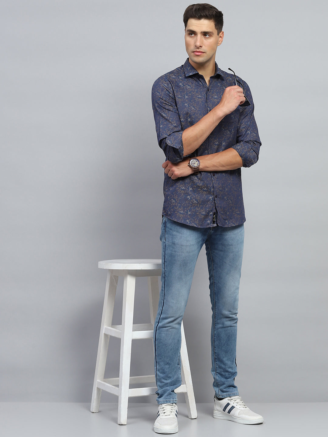 Men Blue Printed Collar Full Sleeve Shirt