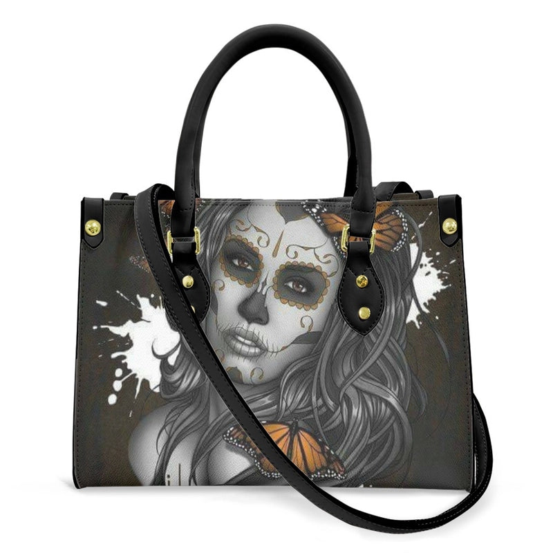 Halloween Women's Medium Pu Leather Human Floral Streetwear Square Hook Loop Customized Tote Bag