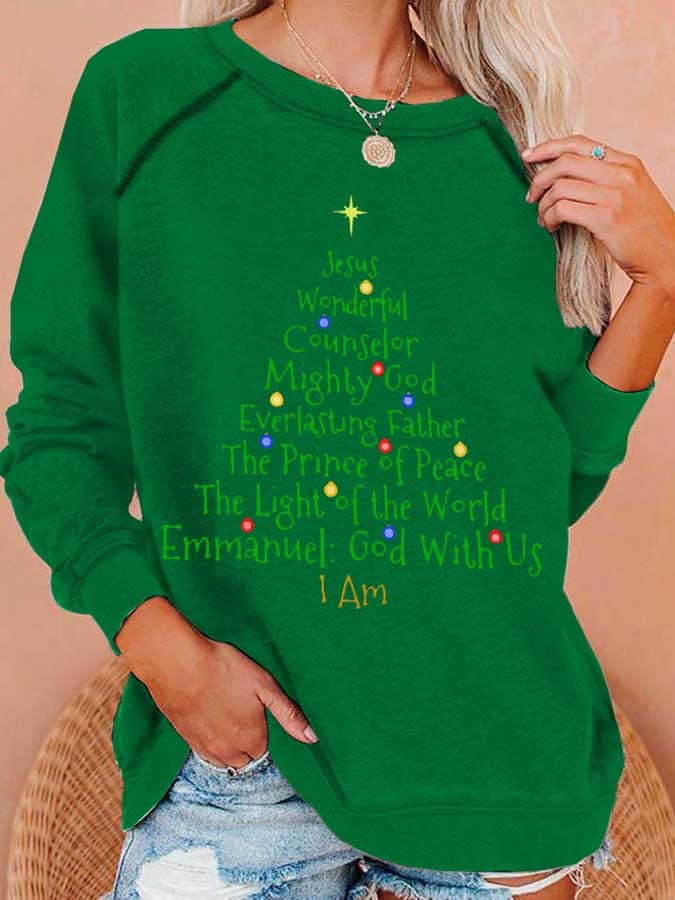 Women's Christmas Tree Jesus God Is With Us Print Casual Sweatshirt