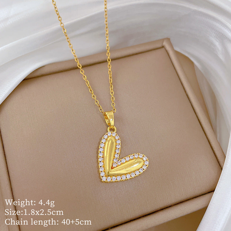 Love Heart Polished Peach Heart Gorgeous Full Diamond Necklace Women'S All-Match Clavicle Chain Titanium Steel Chain