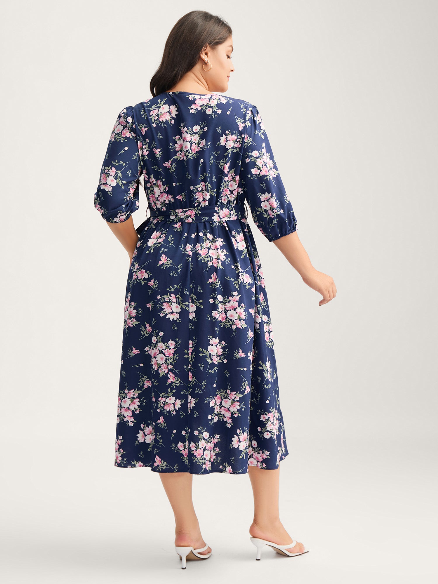 Floral Print Belted Wrap Hem Midi Dress