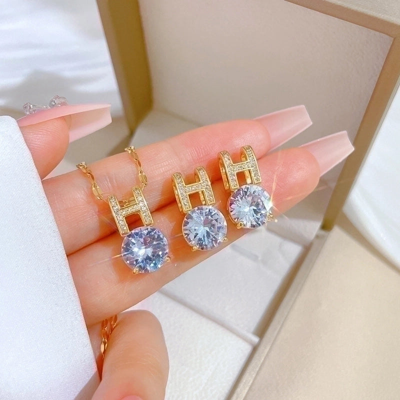 Copper Minimalist Plating Inlay Rhombus Bow Knot Zircon Jewelry Set
