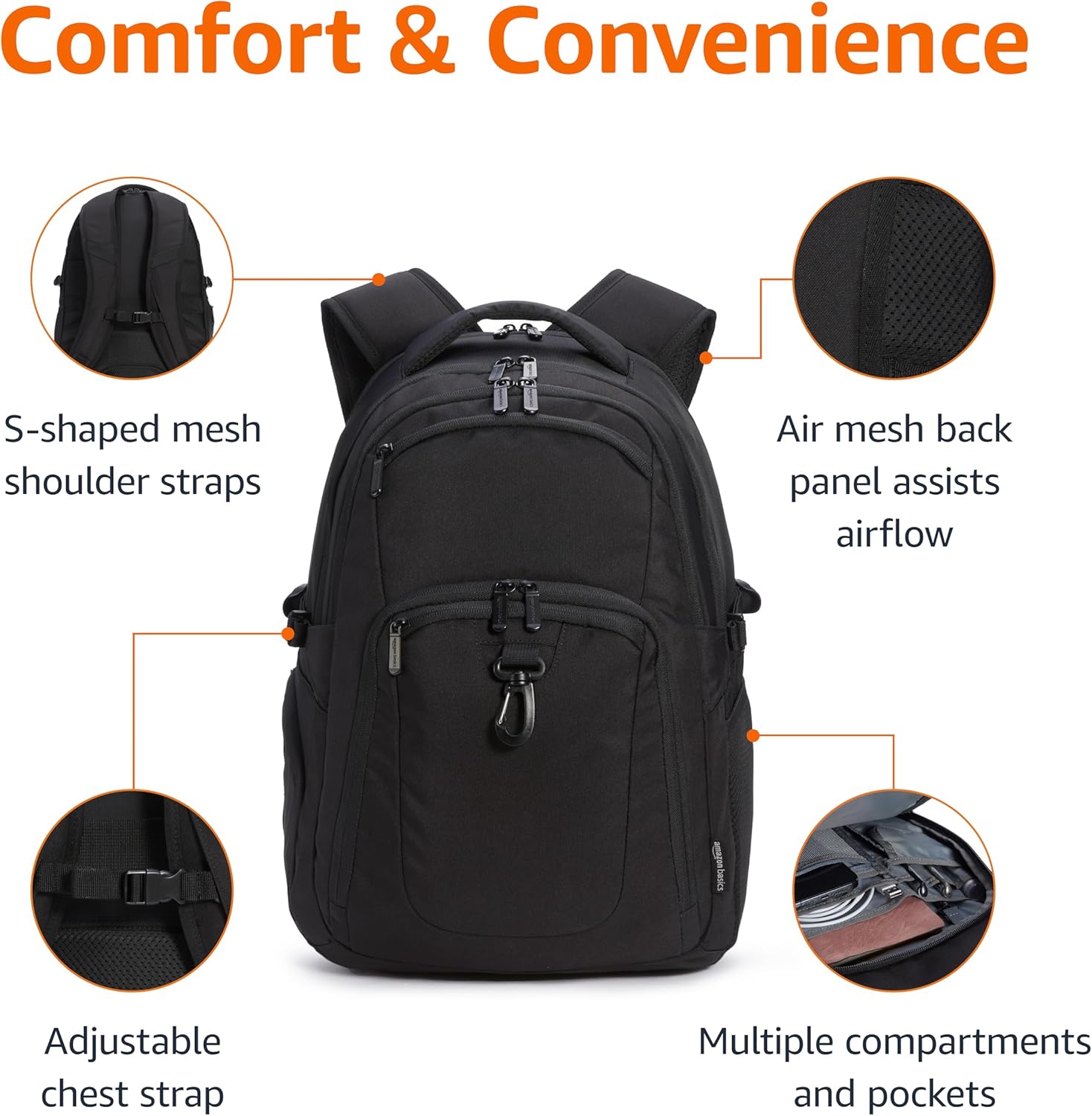 Amazon Basics Travel Laptop Backpack for 17 inch Laptop, Black