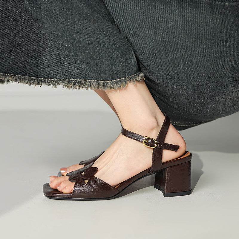 Elegant Square Toe Leather Sandals 50mm Block Heel Open Toe Pumps for Summer in Silver/Apricot/Brown