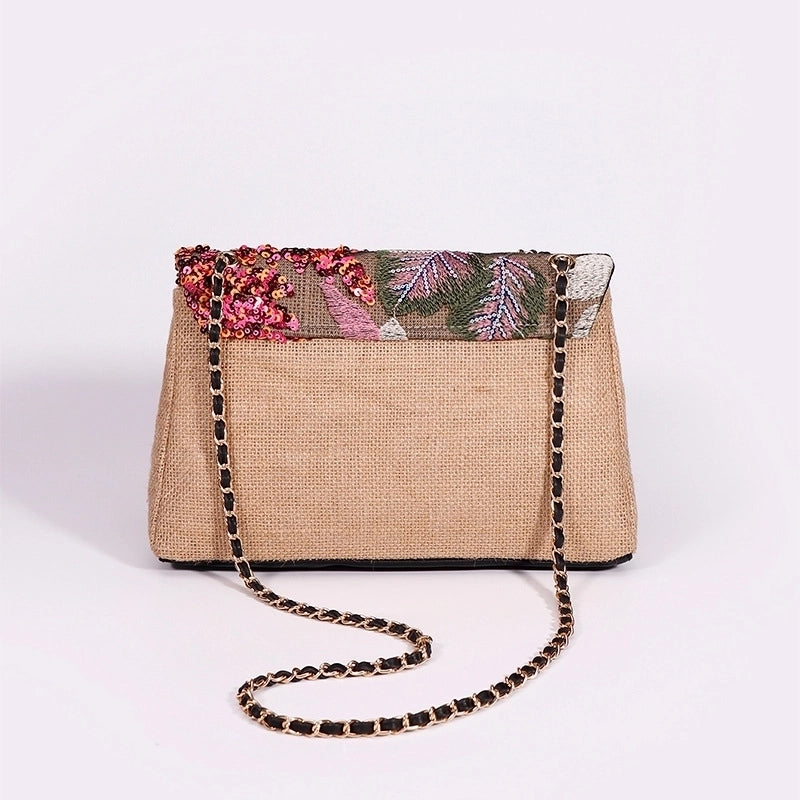 10 Pieces Women's Large Hemp Material Flower Elegant Sequins Square Flip Cover Crossbody Bag