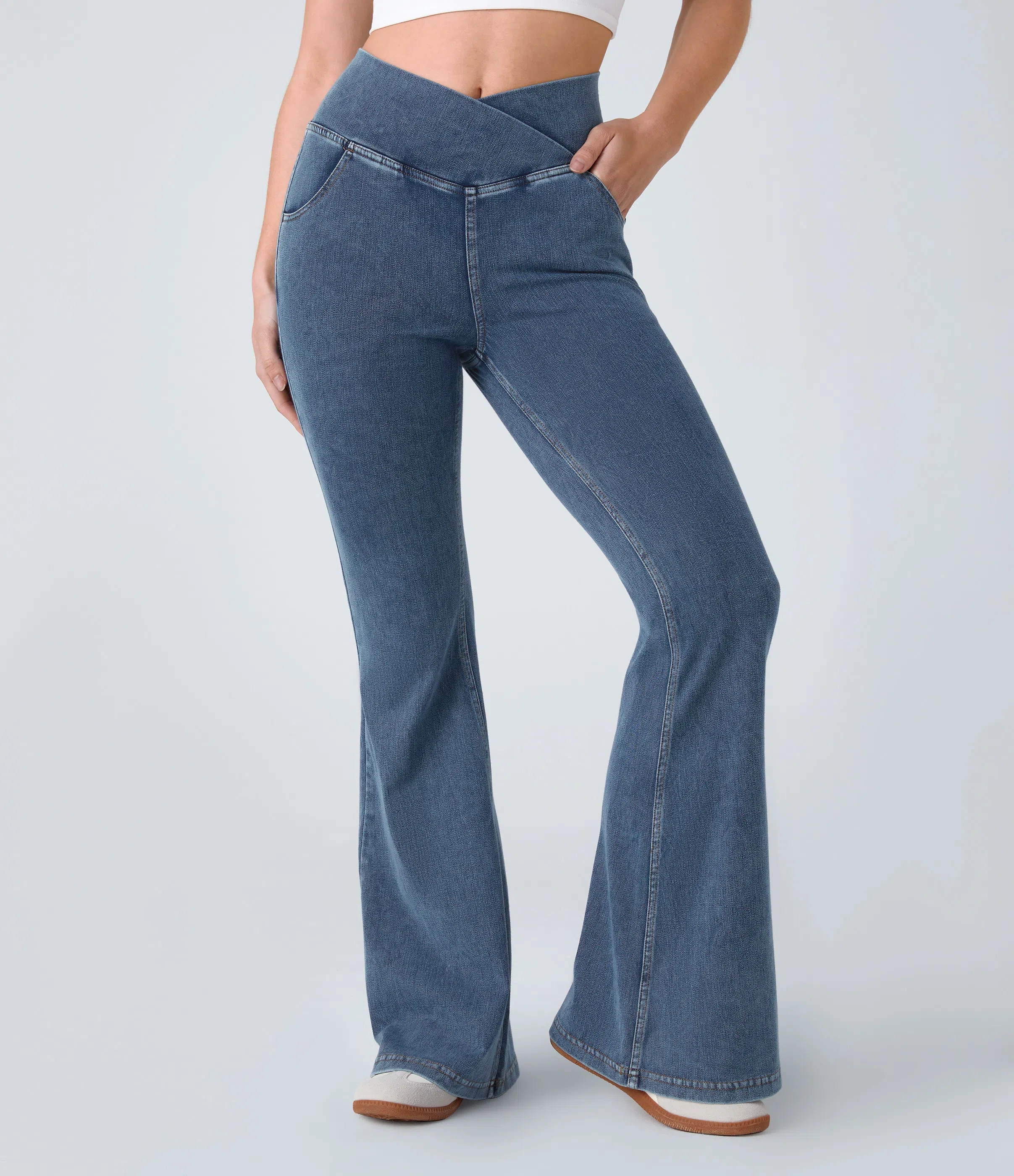 ⚡8 Packs for $25.95⚡- High Waisted Crossover Pocket Washed Stretchy Knit Casual Super Flare Jeans