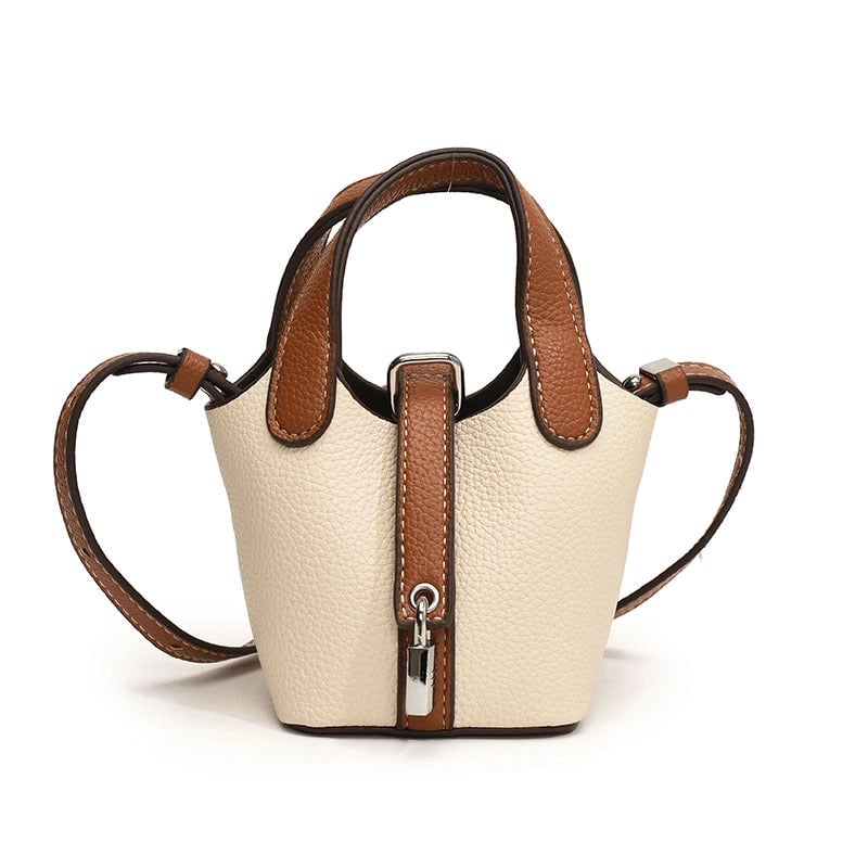 Girl'S Pu Leather Color Block Streetwear Bucket Lock Clasp Shoulder Bag Handbag Crossbody Bag