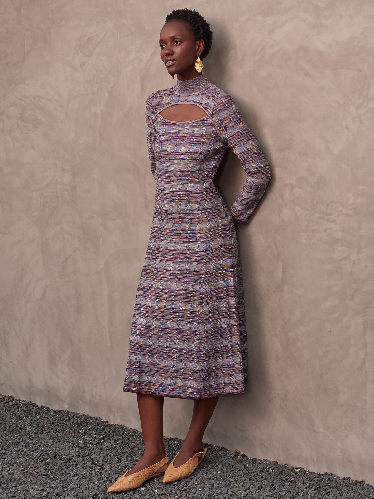 Modern Fit-and-Flare Melange Knit Cutout Midi Dress