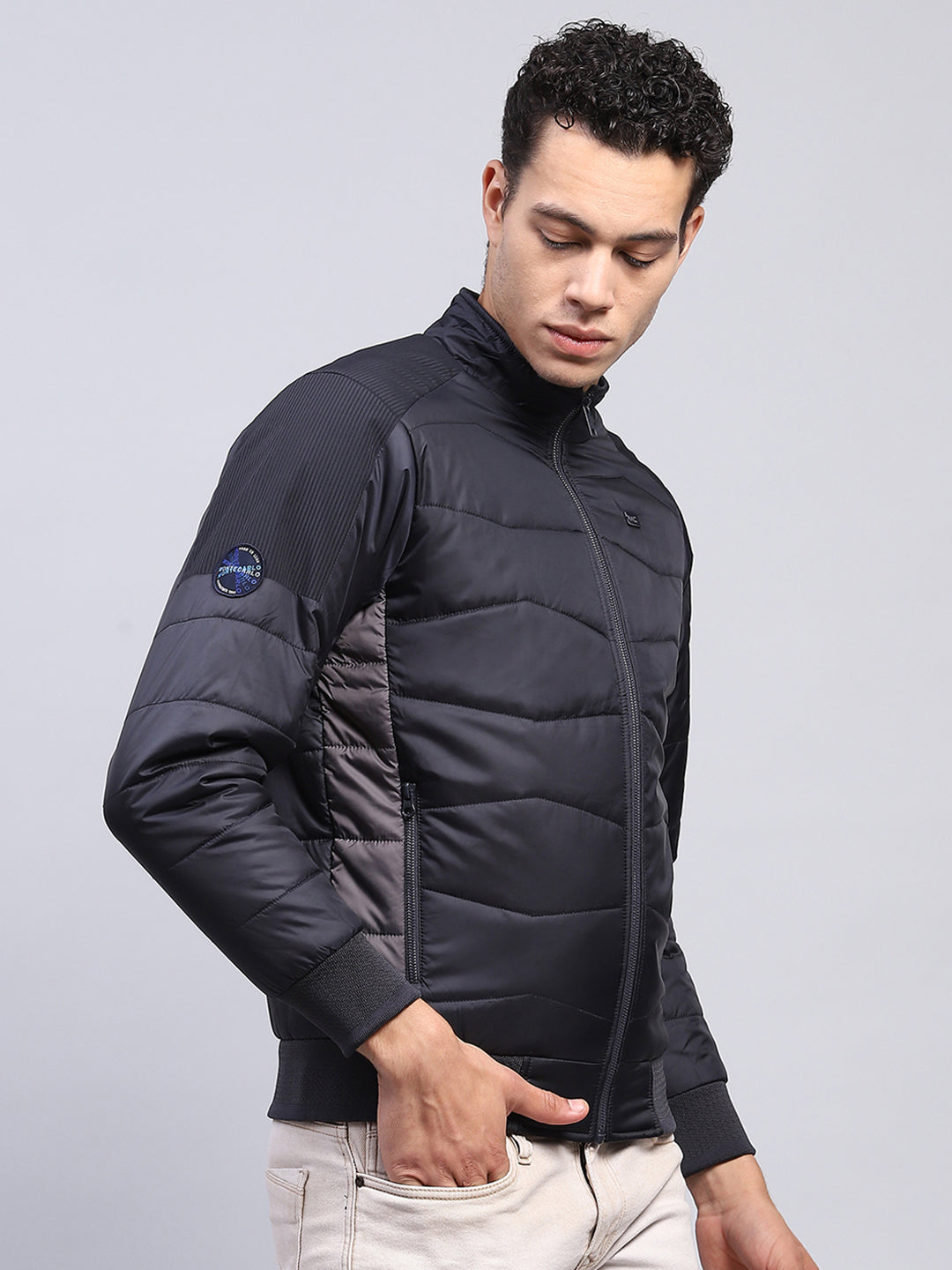 Men Navy Blue Solid Mock Neck Full Sleeve Jacket