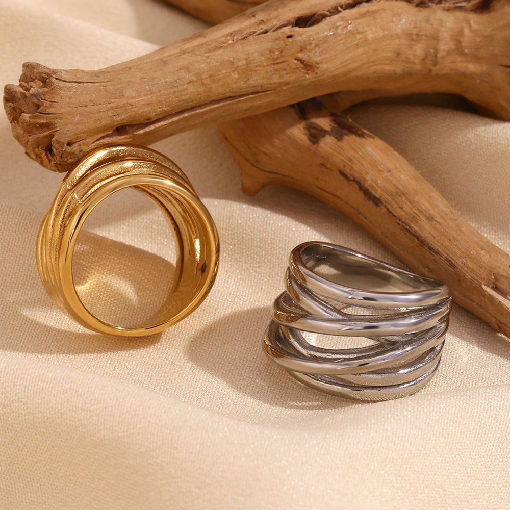 Vintage Fashion Retro Stripe Circle Geometric Stainless Steel 18K Gold Plated Rings