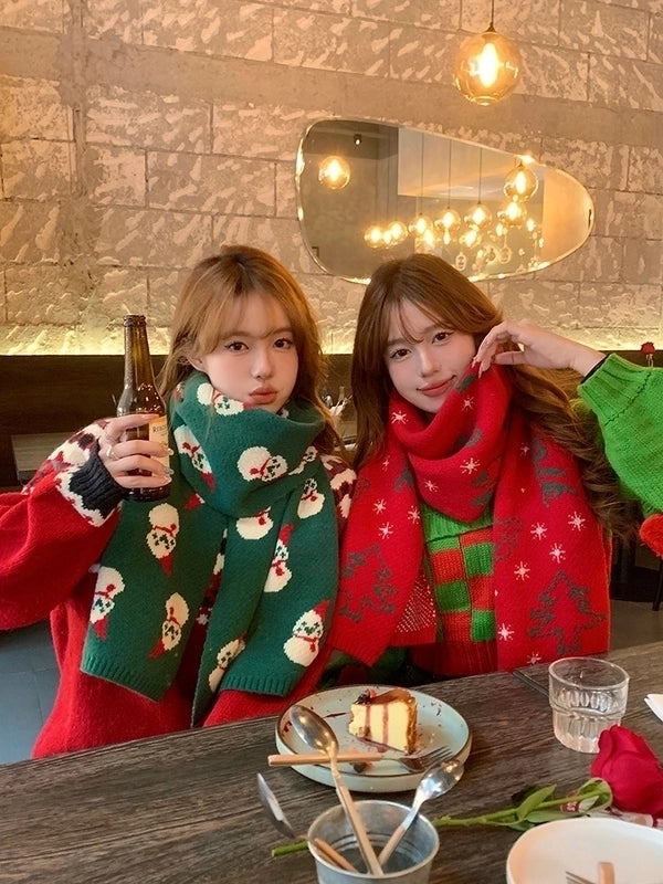 Women's Glam Christmas Classic Style Christmas Tree Snowman Knit Scarf
