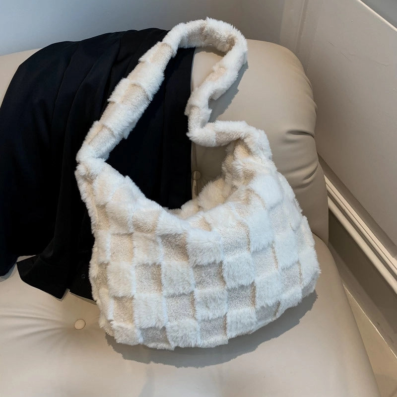 Women's Autumn&winter Plush Color Block Streetwear Square Zipper Shoulder Bag Underarm Bag
