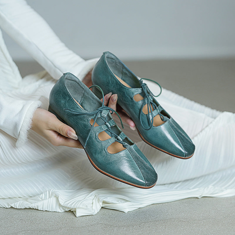 Elegant Washed Horse Leather Mary Jane Shoes with Cross-Strap Design Pink/Grey/Blue