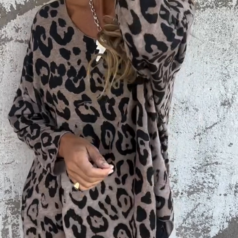 Women's Leopard Print Crew Neck Stretch Top