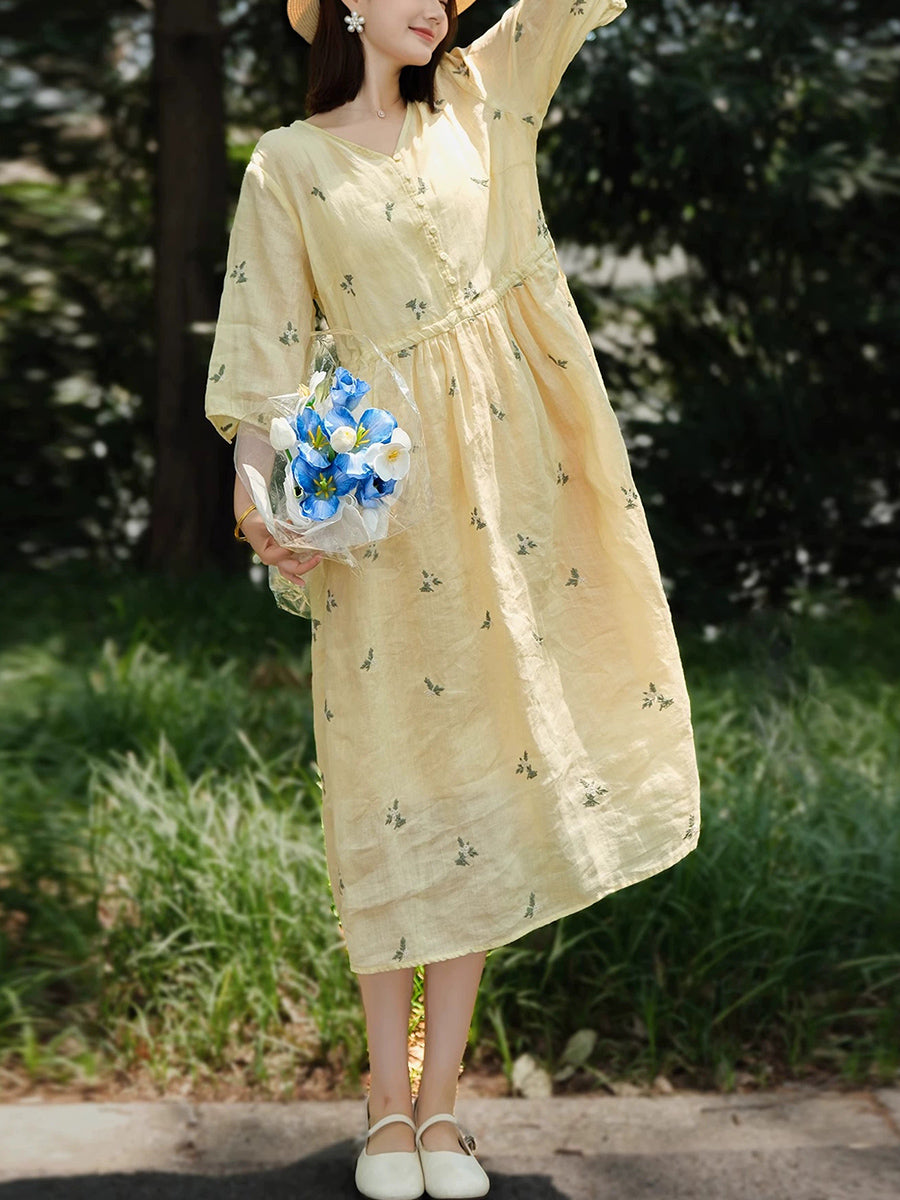 Women Summer Artsy Flower V-Neck 100%Ramie Dress