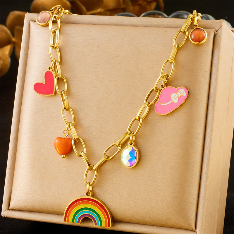 Fashion Colorful Dopamine Oil Drop Rainbow Flower Accessories Pendant Eye Butterfly Chain Stainless Steel Necklace