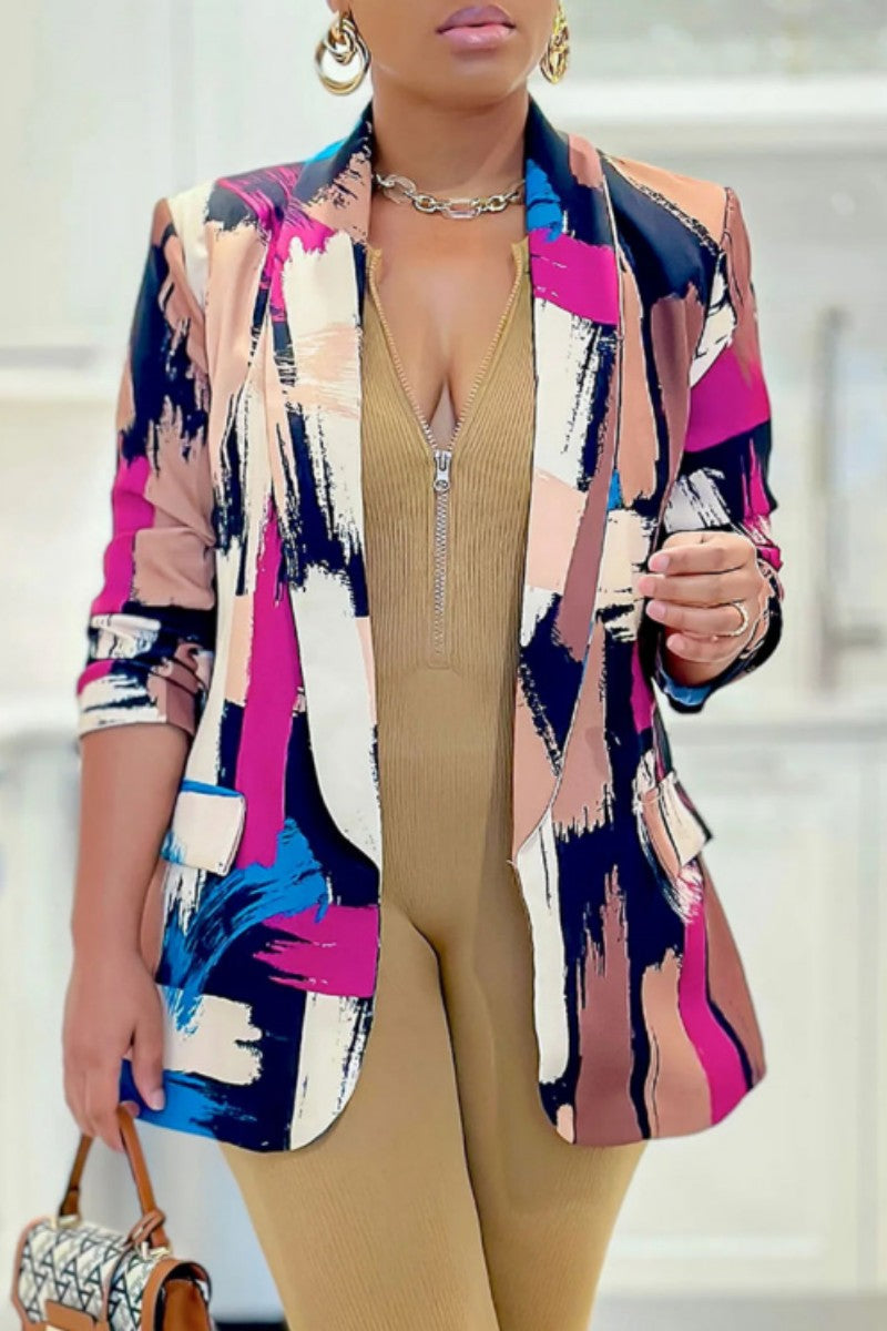 Casual Print Cardigan Turn-back Collar Outerwear