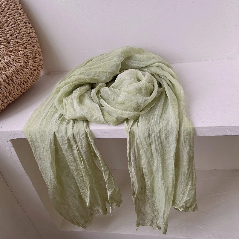Pleated Retro Silk Scarf Women's Spring And Autumn Artistic Nostalgic Tie-Dye Scarf High-grade Solid Color Decorative Casual Scarf