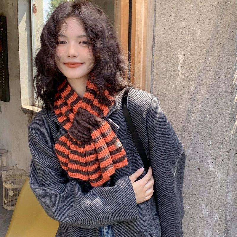 Wool Scarf Knitted Striped Cross Women's Autumn And Winter  Decorative Thickened Wool Blended Warm Scarf