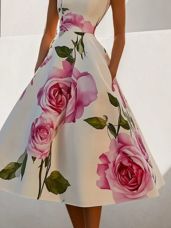 Short Sleeves Skinny Flower Print Stand Collar Midi Dresses