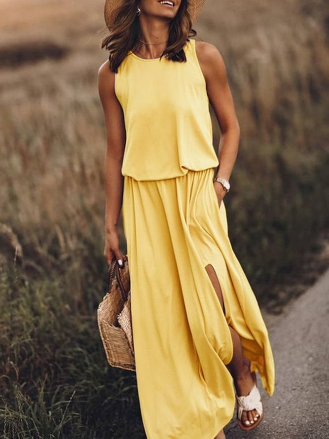 🔥Summer Hot Sales - 49% OFF👗Women Sleeveless Solid Round Neck Summer Maxi Dress