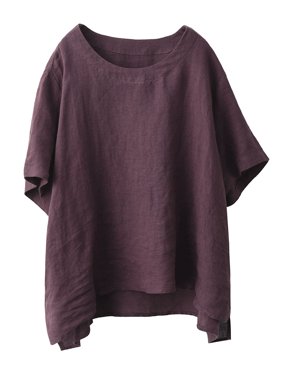Women Summer Retro Pure Color O-Neck 100%Linen Shirt
