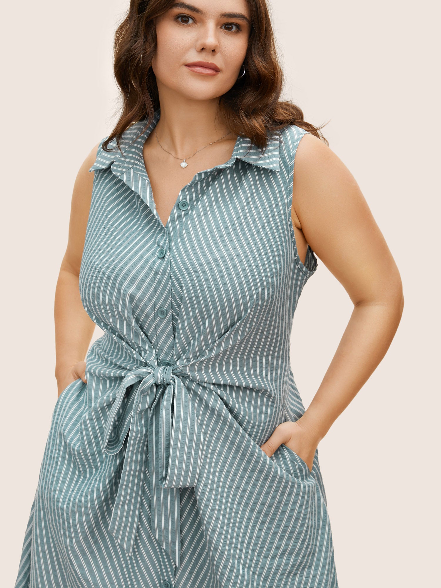 Shirt Collar Striped Midi Tank Dress