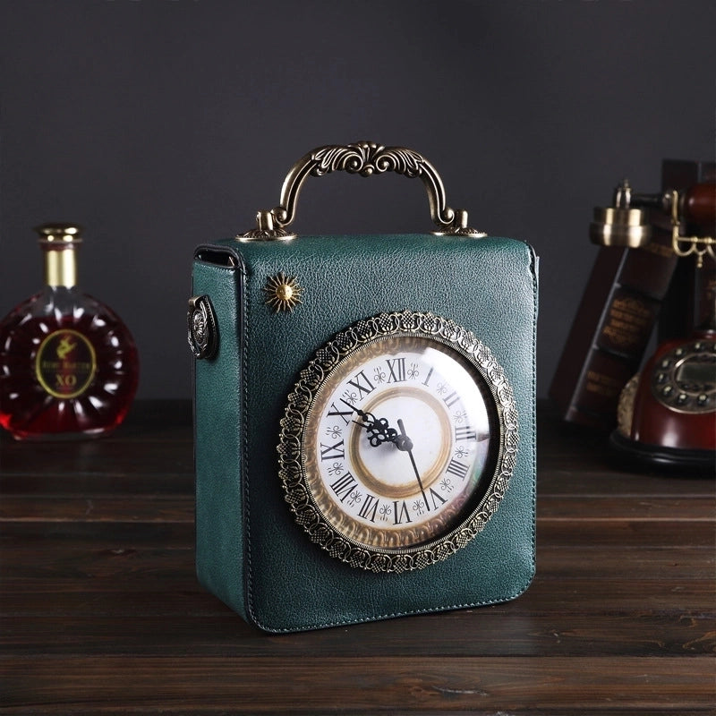 Women's Medium Pu Leather Clock Vintage Style Square Zipper Handbag