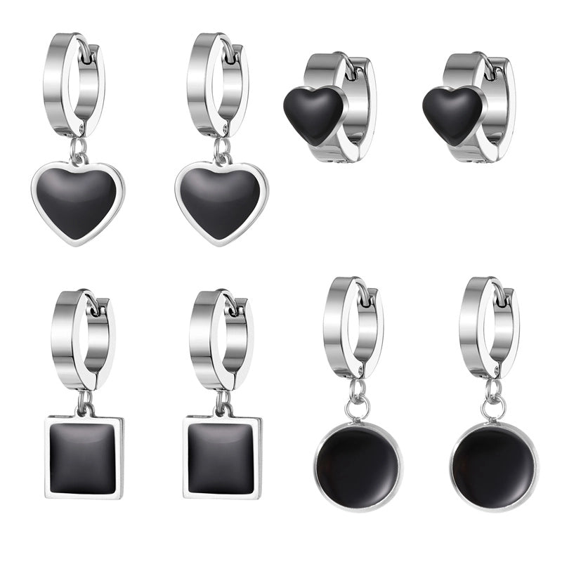 3 Pieces Minimalist Round Square Heart Shape Enamel Plating 201 Stainless Steel Alloy Dangling Earrings