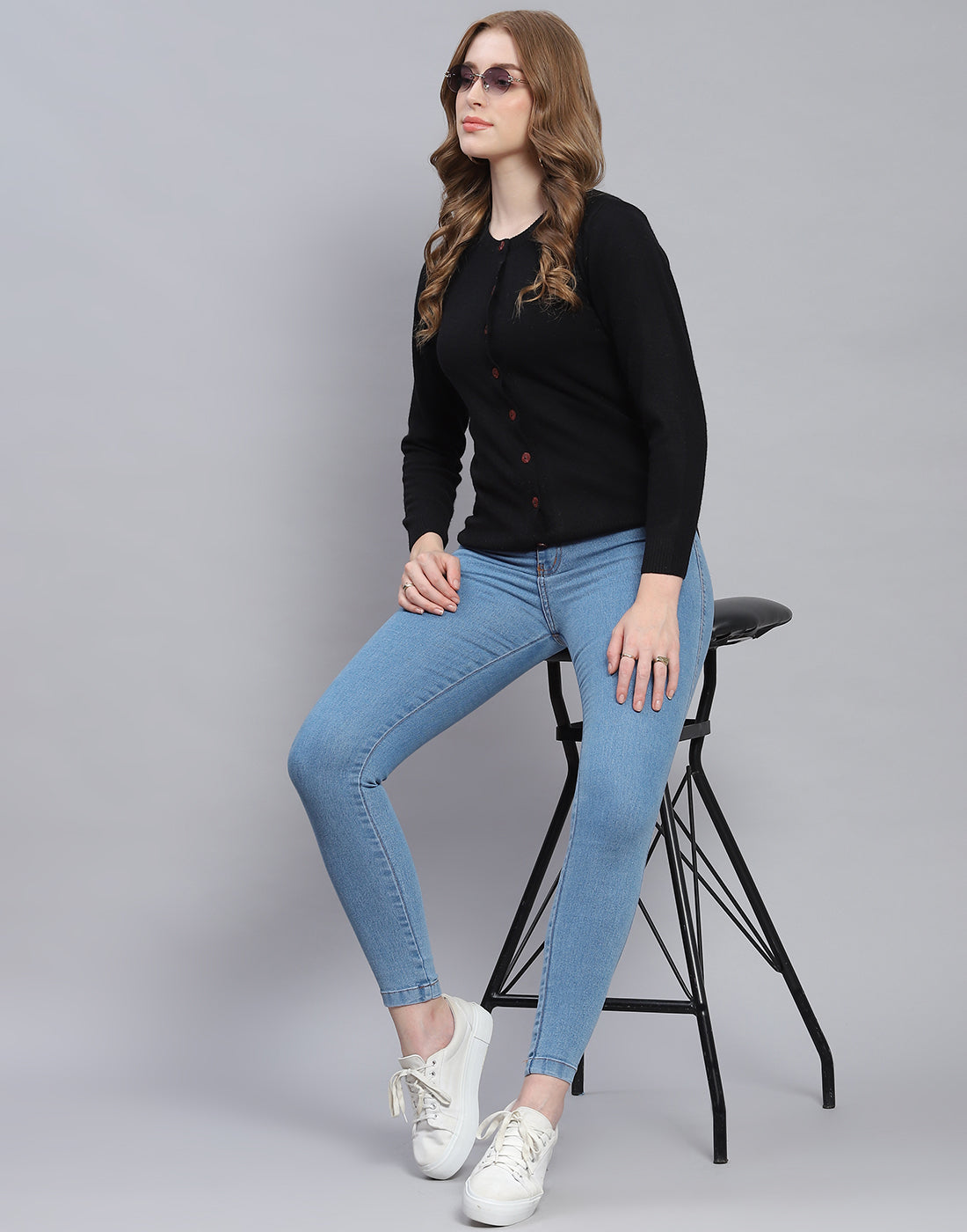 Women Black Solid Round Neck Full Sleeve Cardigan