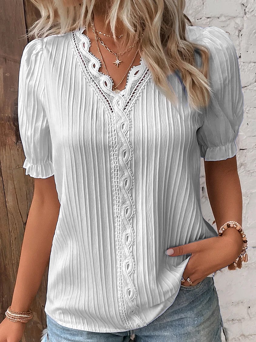 💥2025 New Arrival Pre-Sale✨V Neck Plain Lace Elegant Shirt