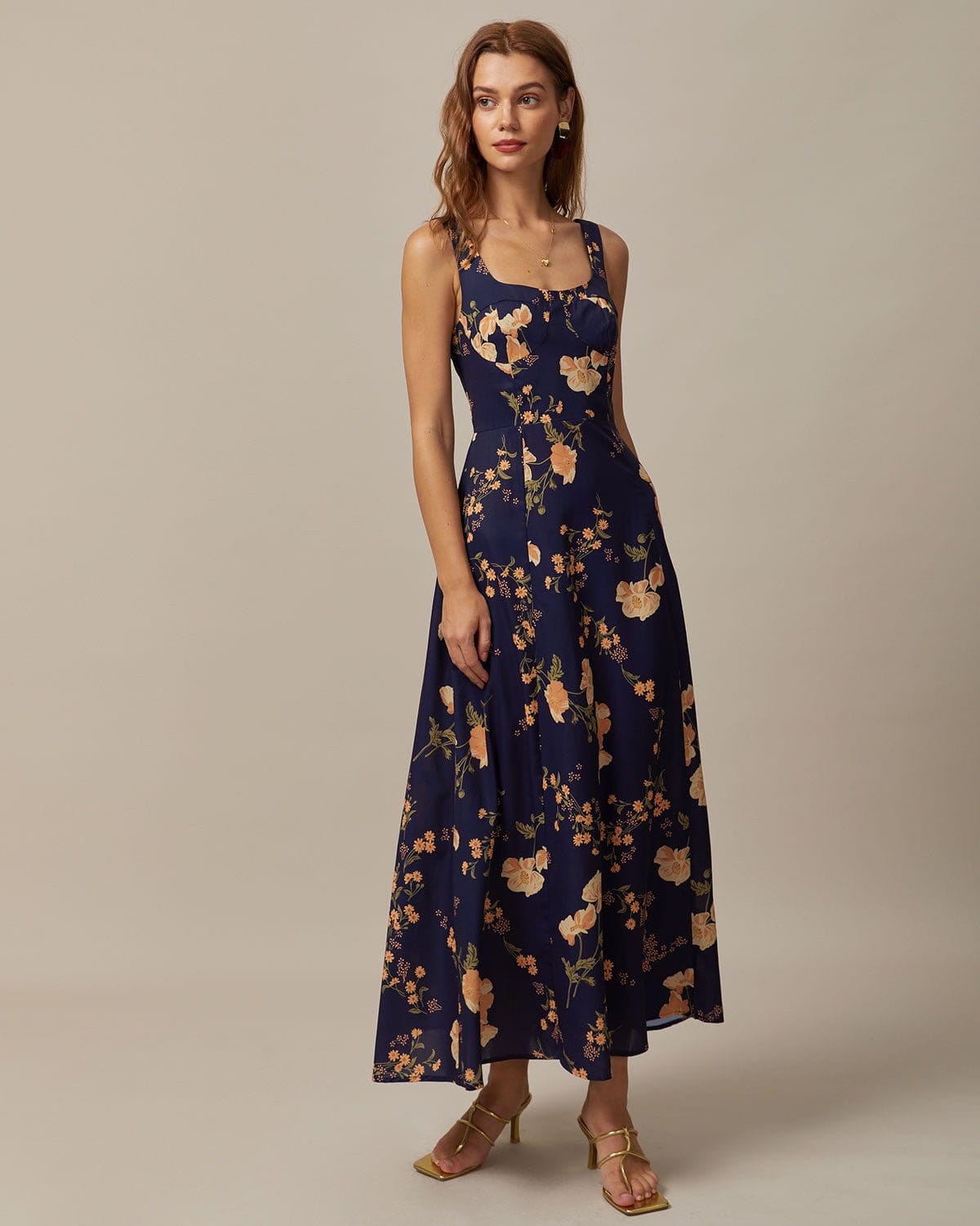 The Navy Sweetheart Neck Floral Maxi Dress
