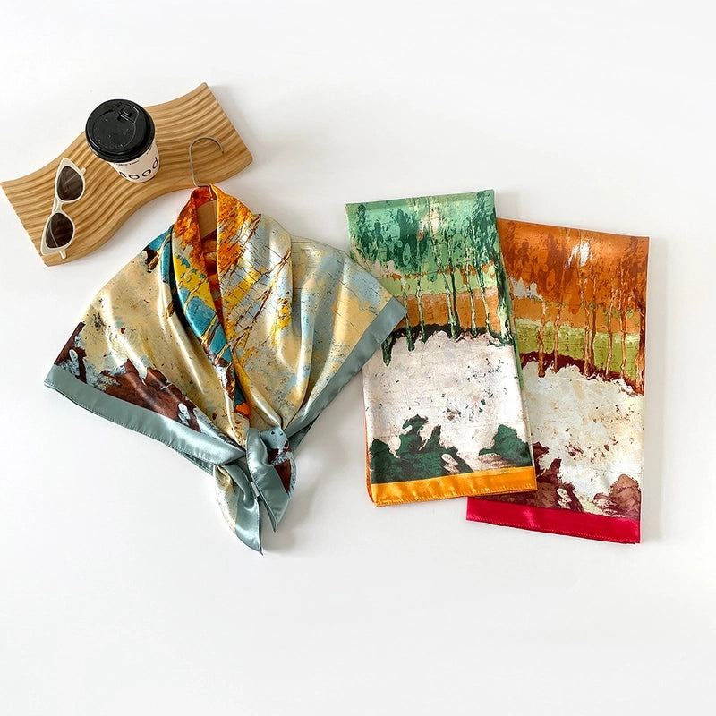 Women's Casual Printing Forest Satin Silk Scarf Kerchief Shawl