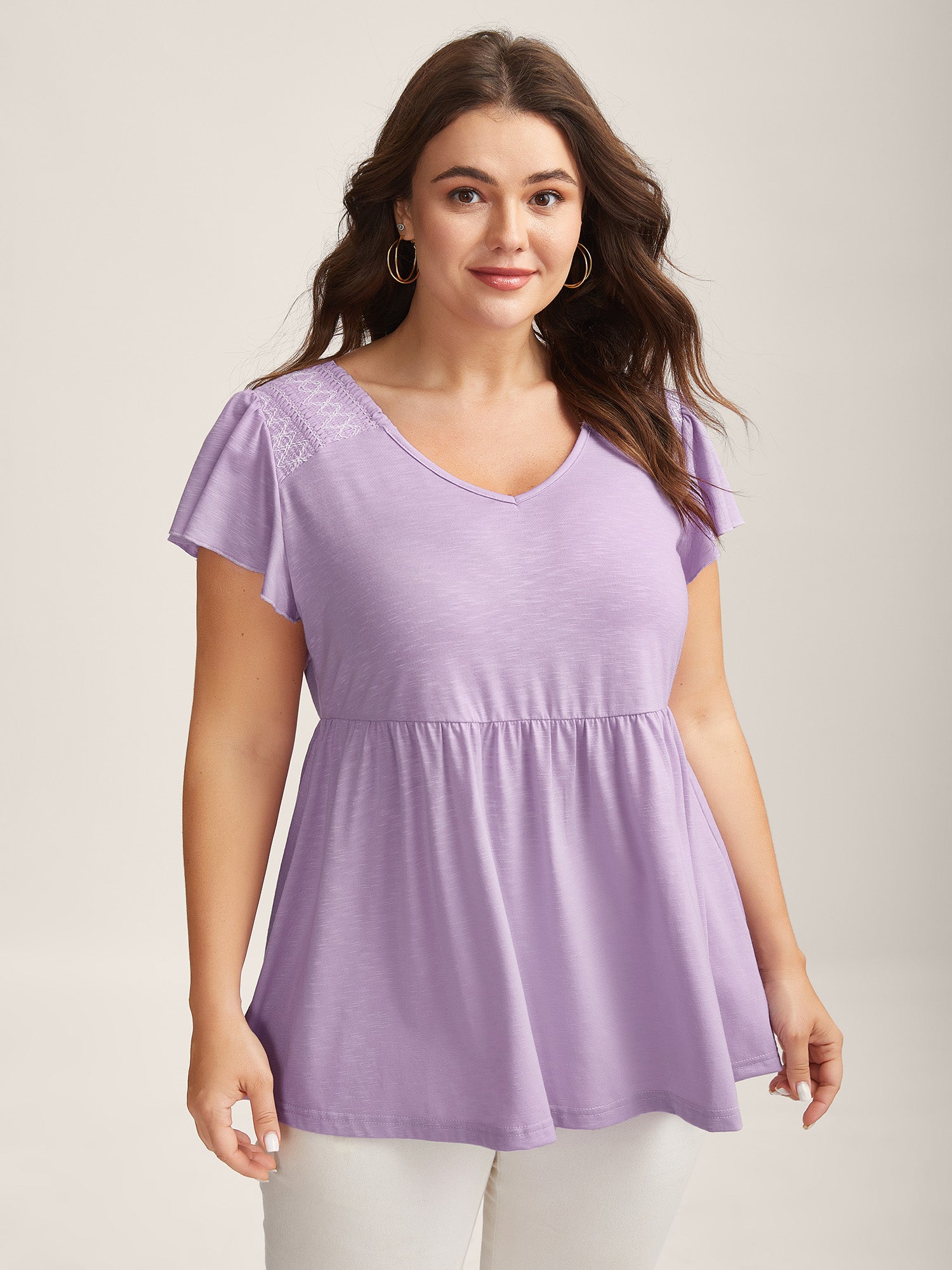 Crisscross Detail Solid Flutter Sleeve Top