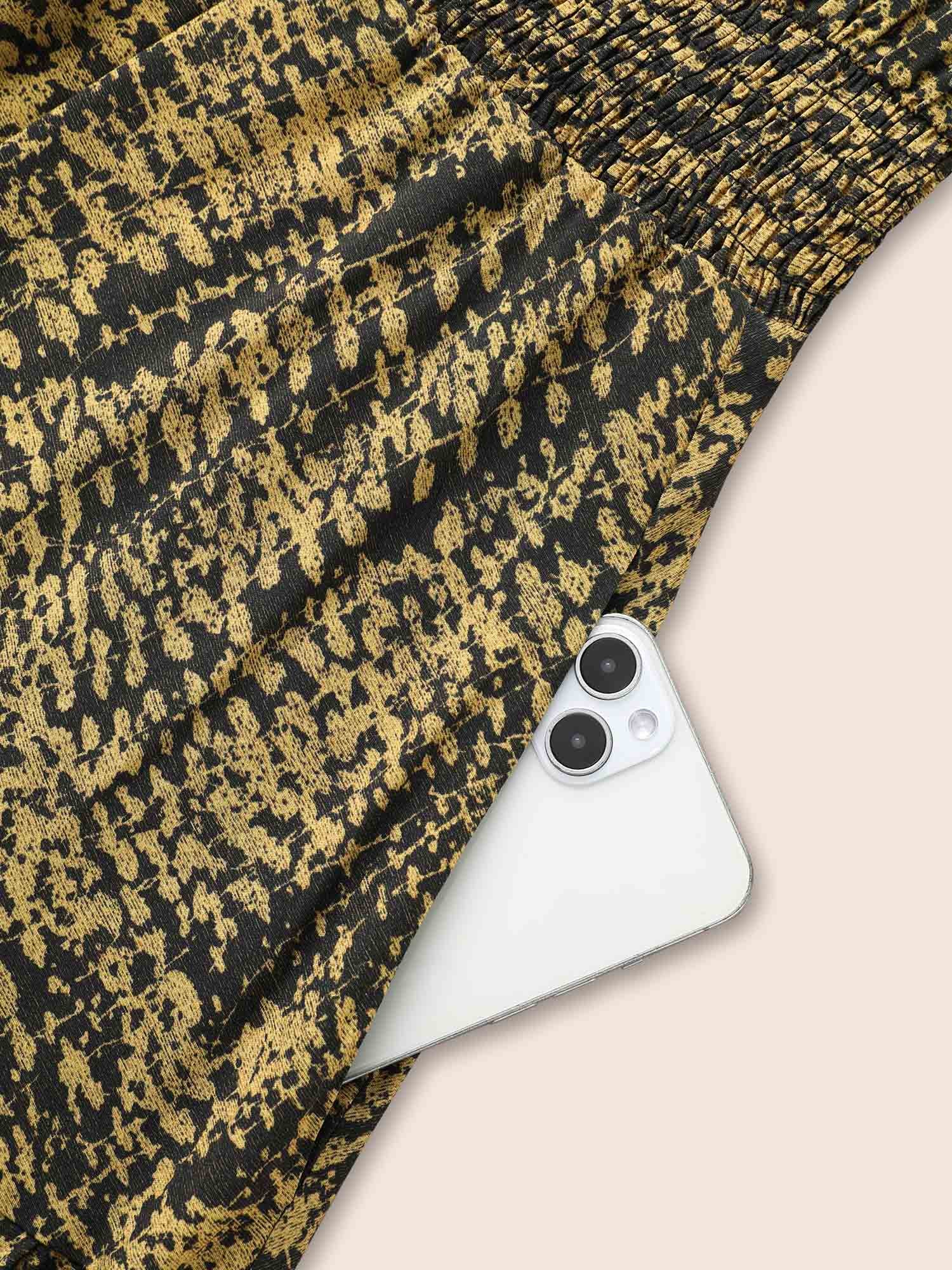 Geometric Print Pompom Trim Ruffles Dress