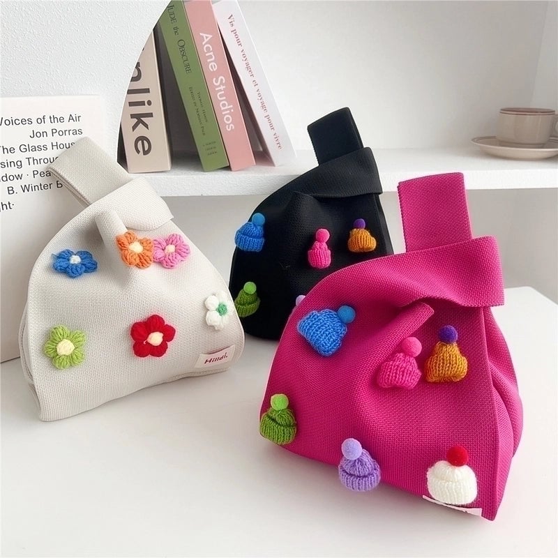 Women's All Seasons Knit Flower Cute Bucket Open Handbag Bucket Bag