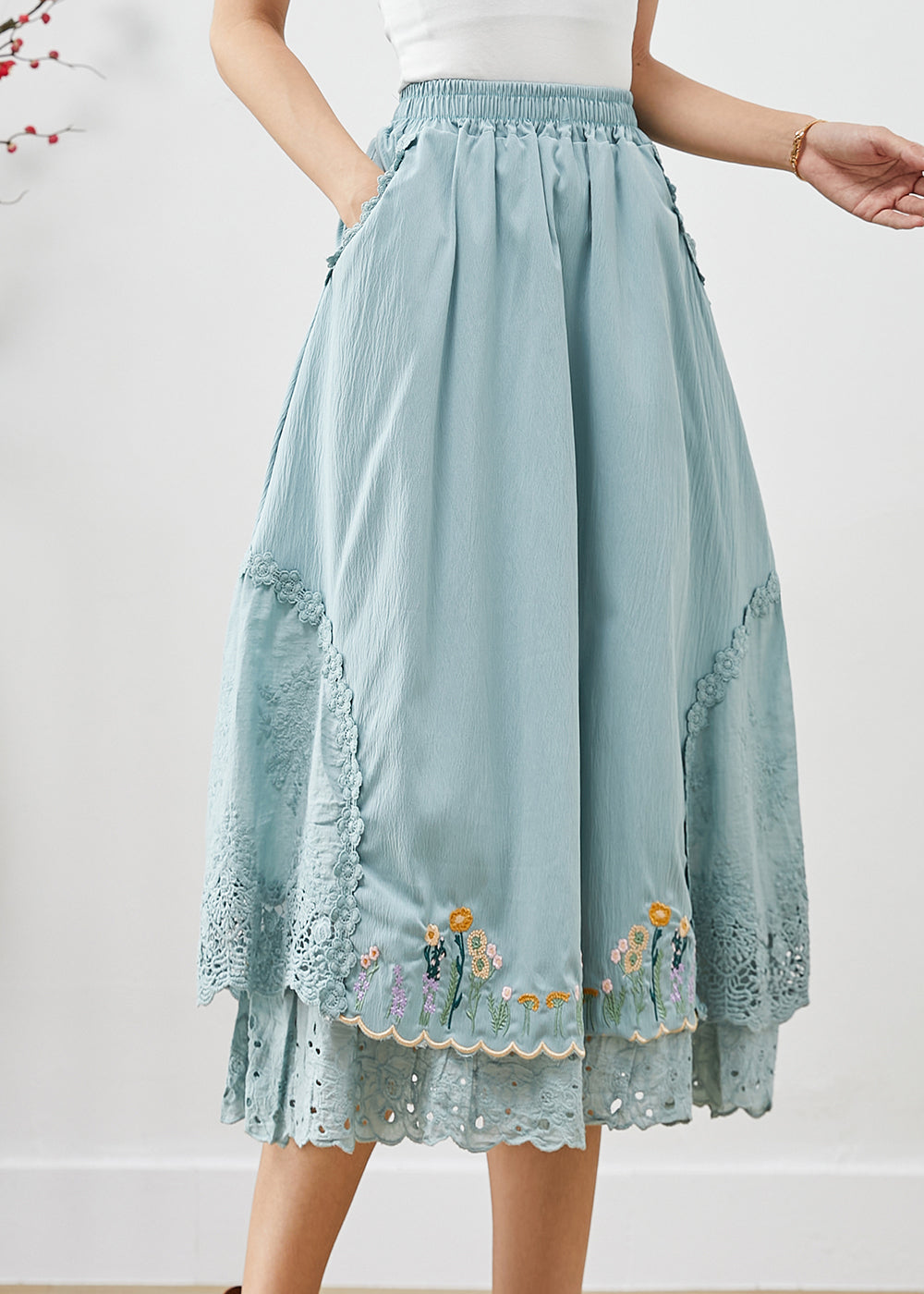 Natural Sky Blue Embroideried Patchwork Cotton Skirt Spring