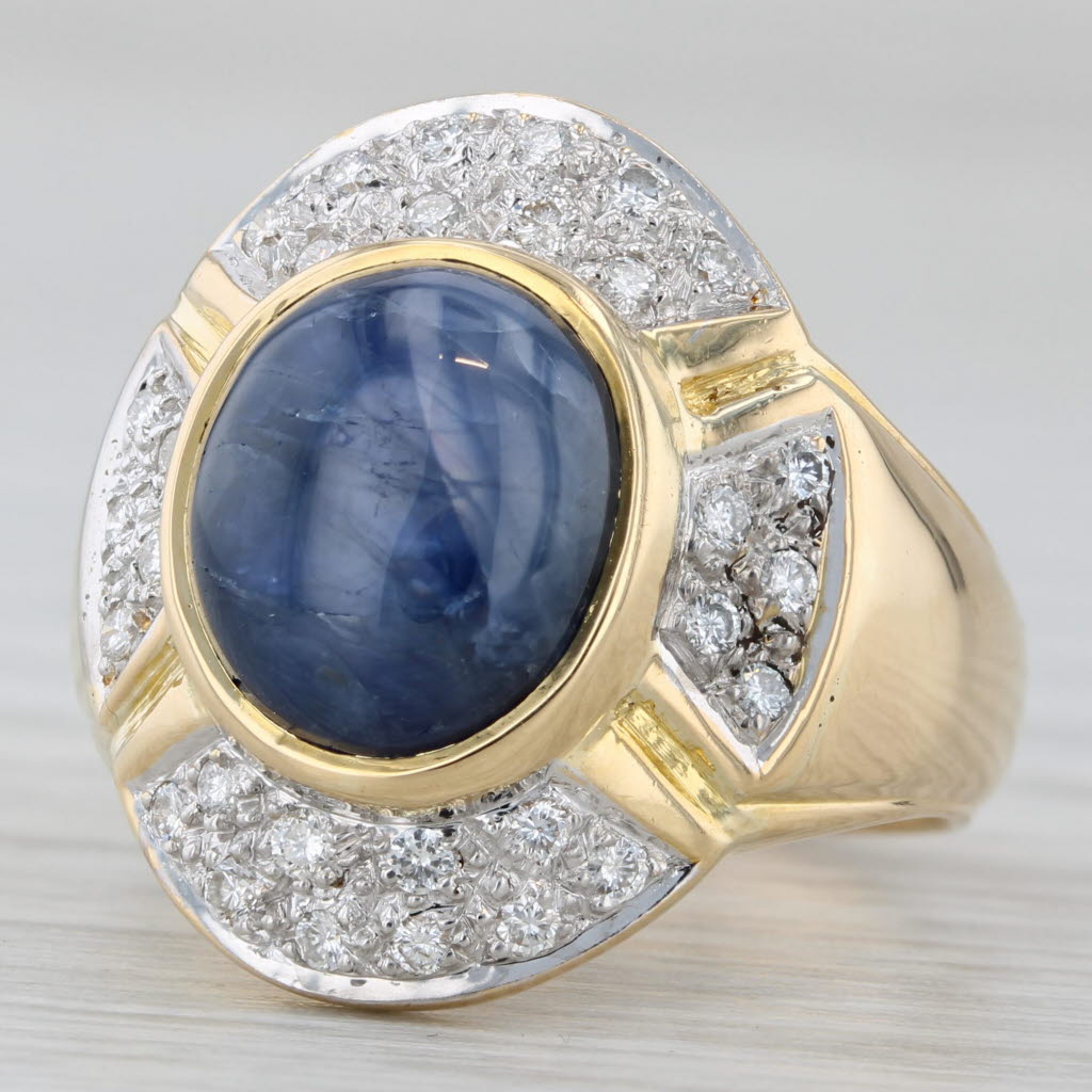 Oval Cabochon Blue Sapphire Diamond Halo Ring 18k Yellow Gold Size 6.75-7