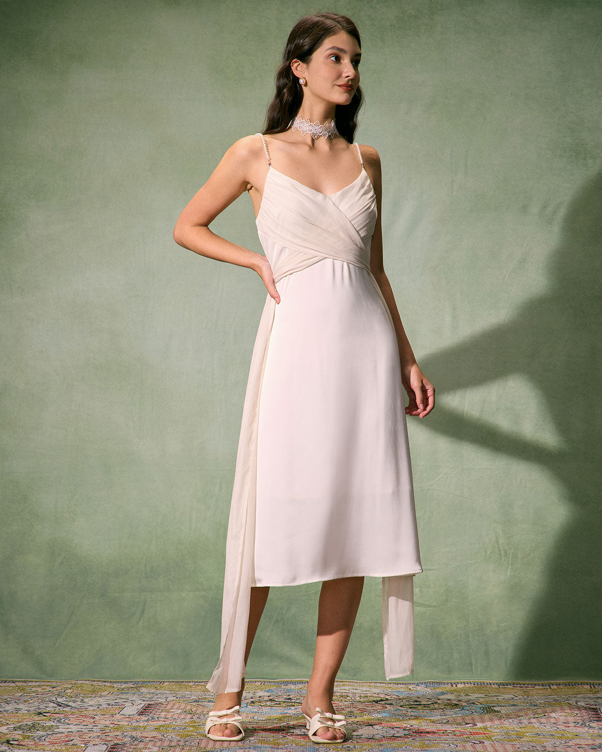 The Apricot V Neck Pearl Strap Satin Midi Dress