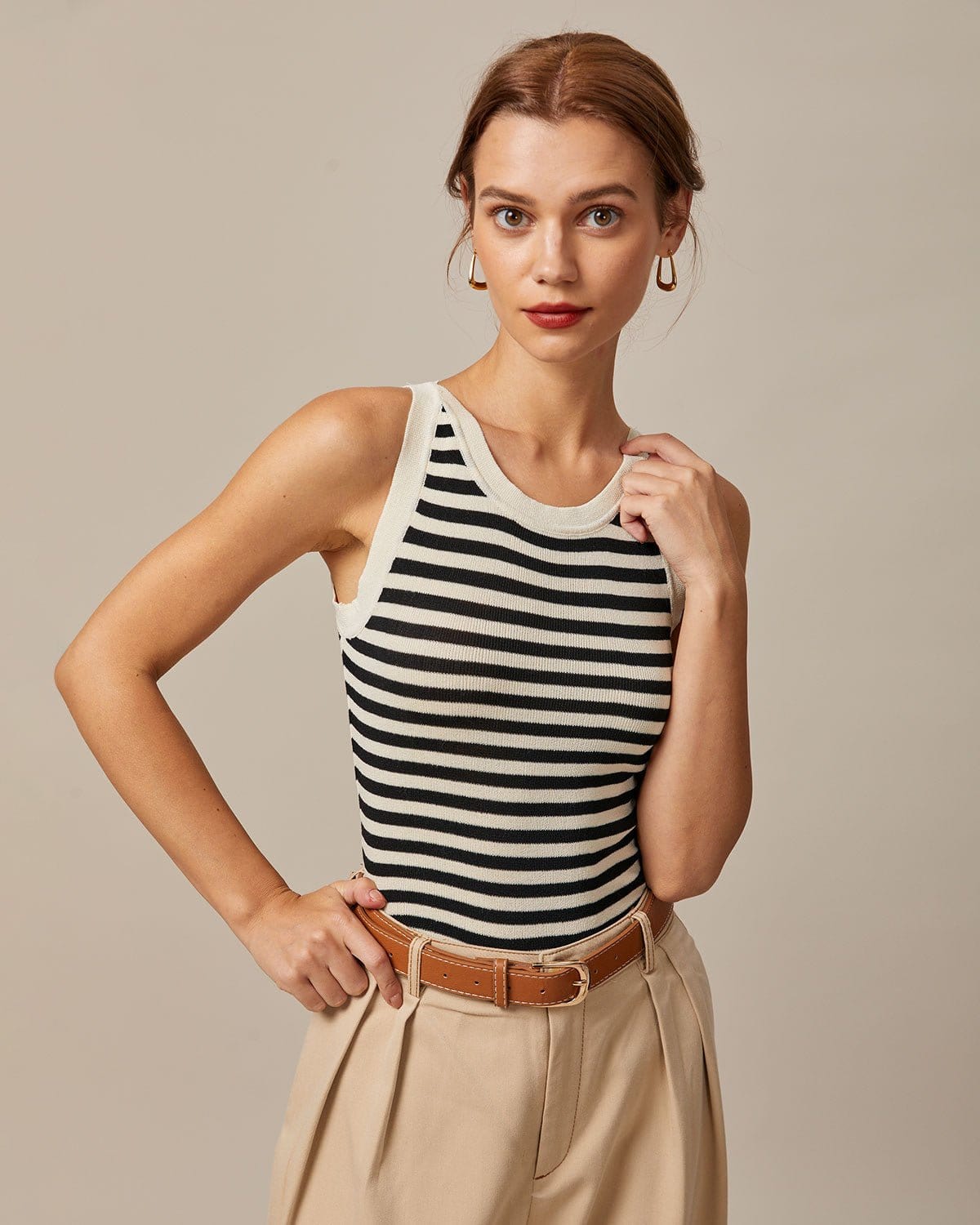 The Black Round Neck Striped Tank Top