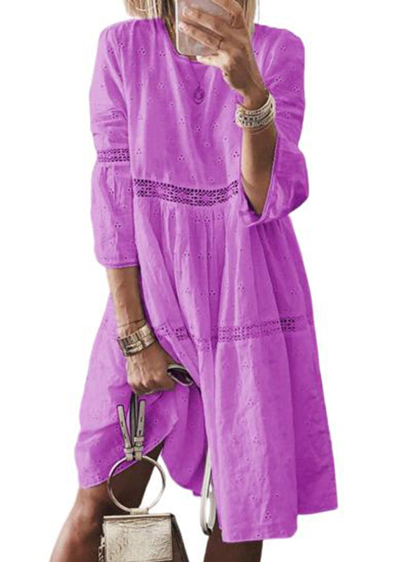 Boho Yellow O-Neck Hollow Out Cotton Long Dresses Bracelet Sleeve Summer