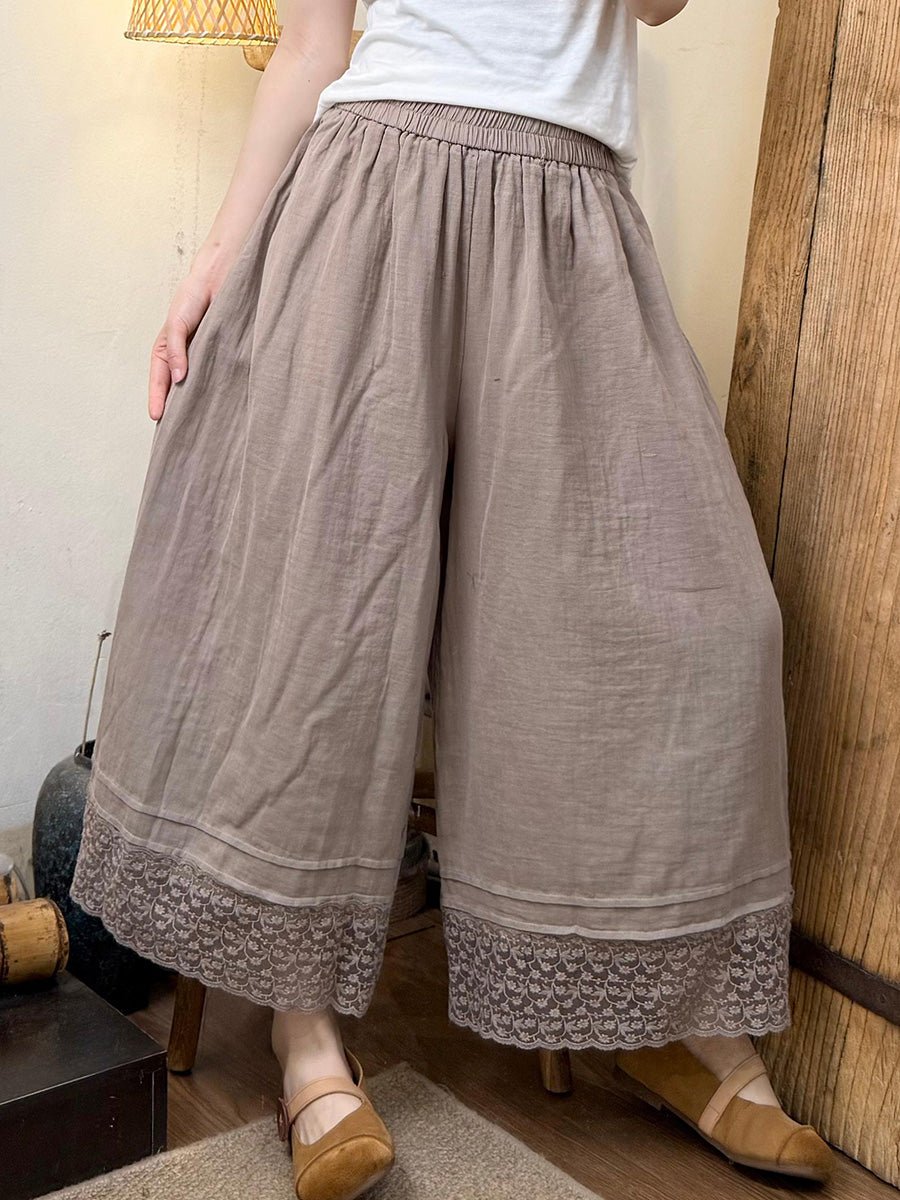 Women Summer Artsy Lace Hem Cotton Wide-leg Pants