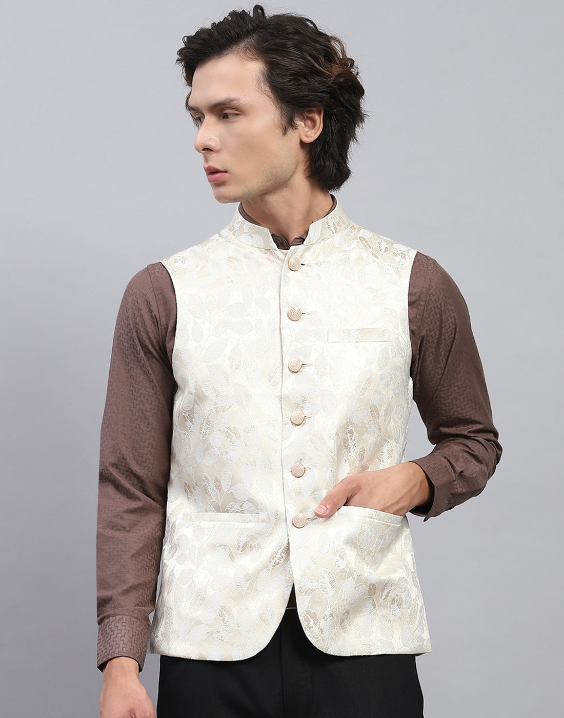 Men Cream Floral Print Band Collar Sleeveless Nehru Jacket