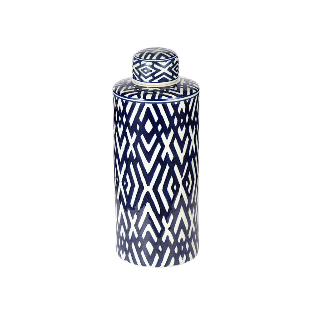 Porcelain Lidded Jar Tall - Blue Chevron