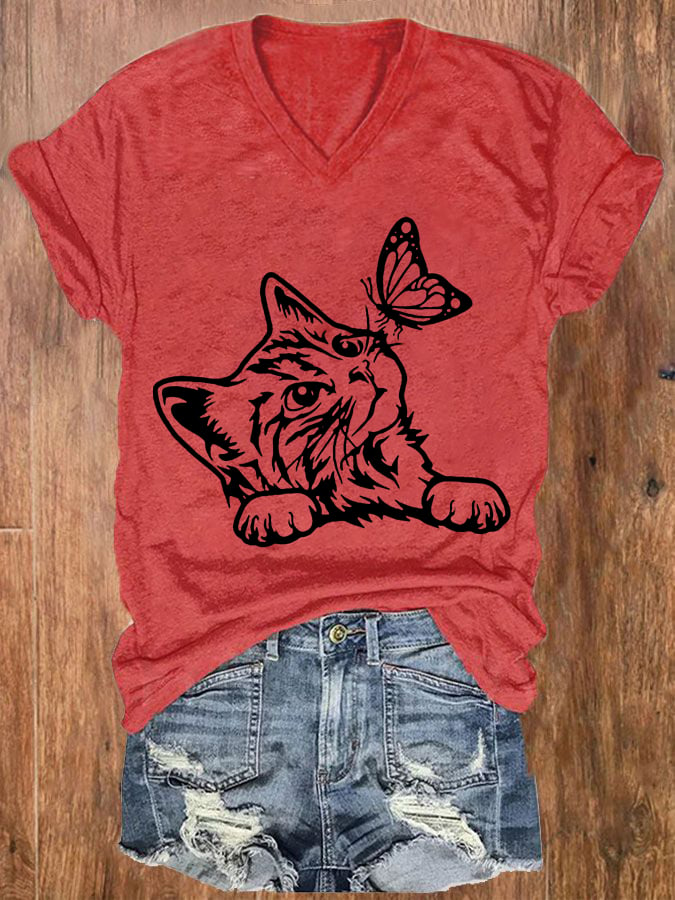 Women's Cute Cat with Butterfly Print V-Neck T-Shirt