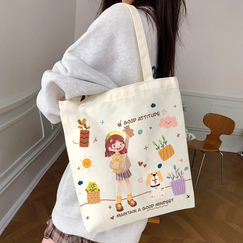 Women's Medium Canvas Cartoon Cute Square Zipper Shoulder Bag